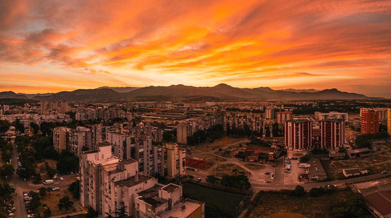 Podgorica at dusk, the start of the drive to Bar